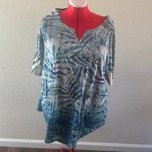 Catherines Tropical Short-sleeve T-shirt with lace bodice insert Size 2X